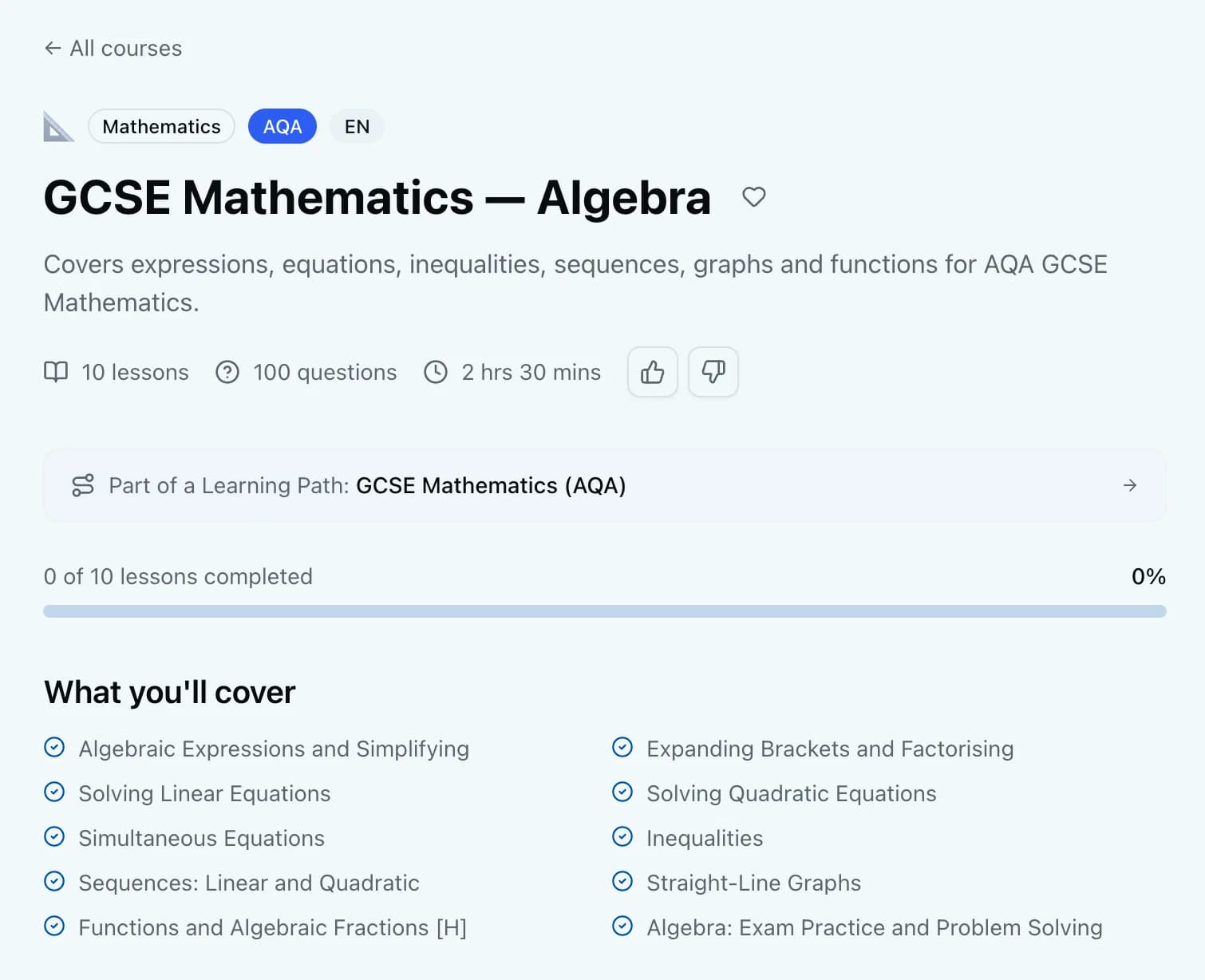 Course overview with lessons and progress