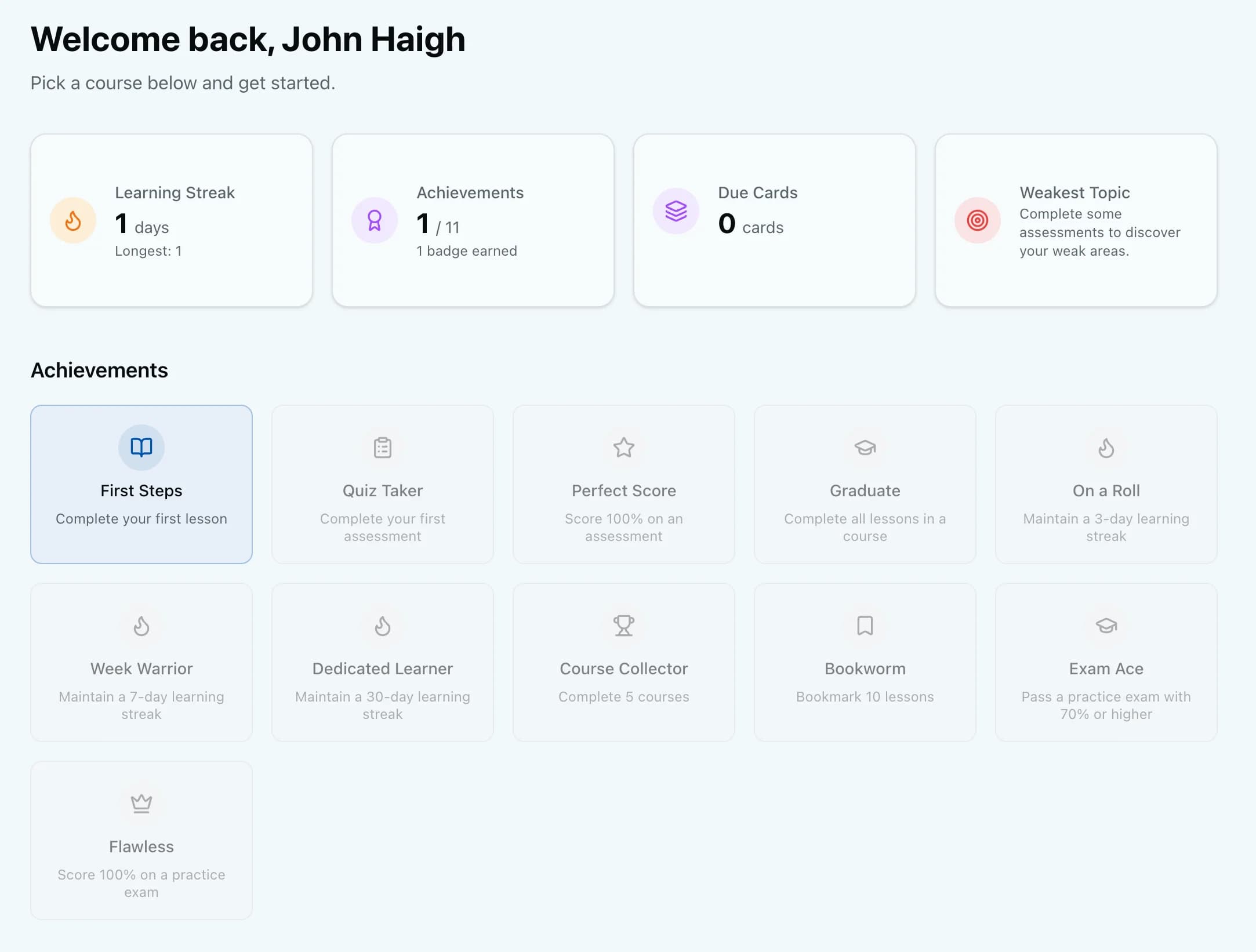 Personalised dashboard with streaks and badges